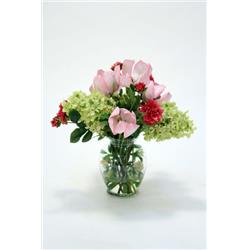 Distinctive Designs 17094 Waterlook Green Hydrangea & Tulip in Clear Ginger Jar, Pink