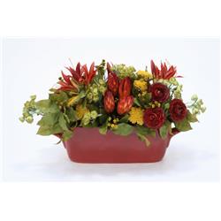Rust Red, Gold & Green Floral in Oval Rust Planter