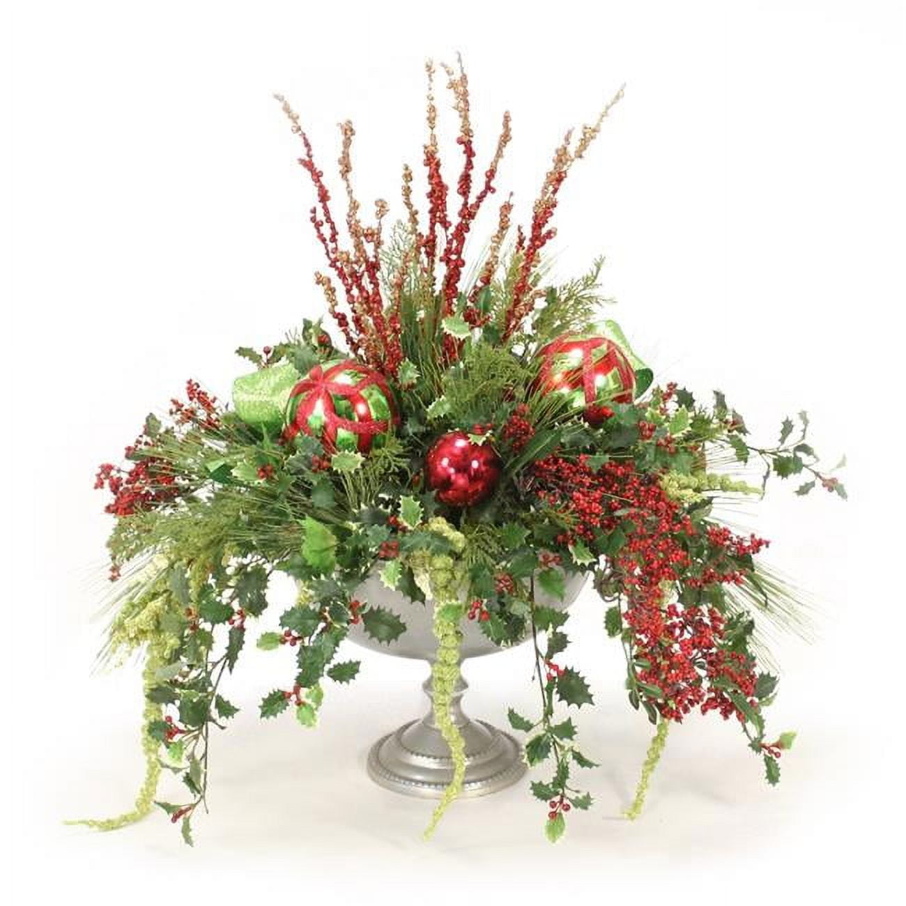 Unisex Holly Berries Red Glittered Branches in Silver Urn