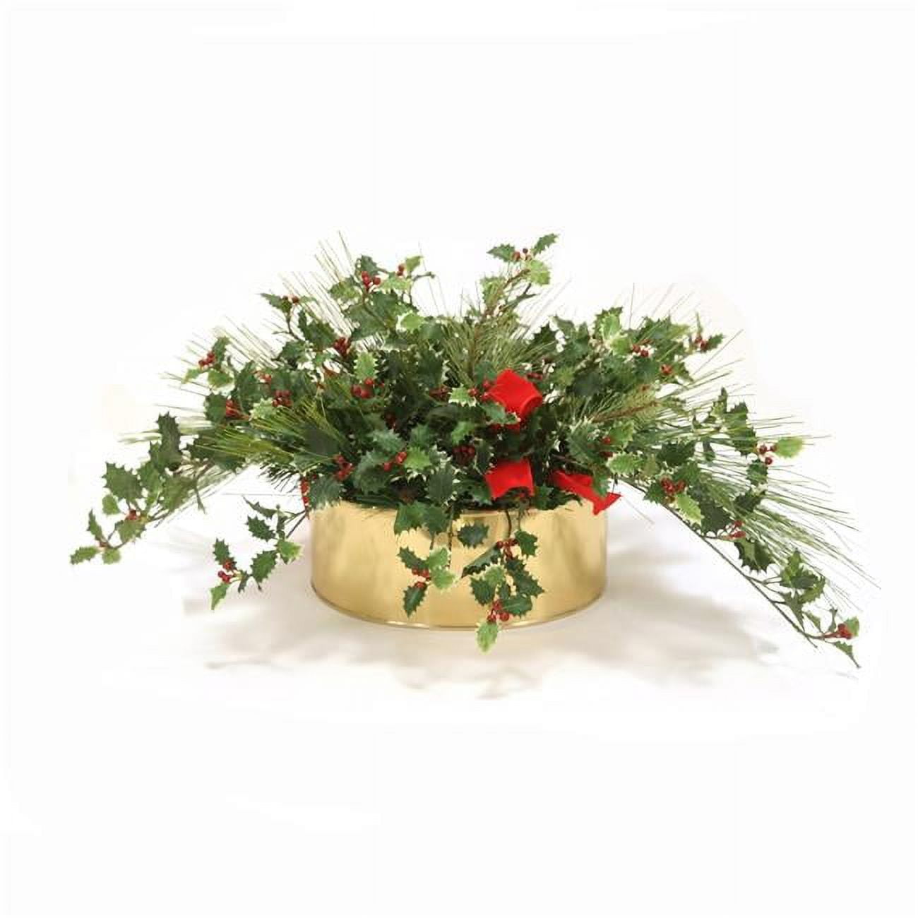 Unisex Mixed Pine with Holly in Brass Oval Planter - Green