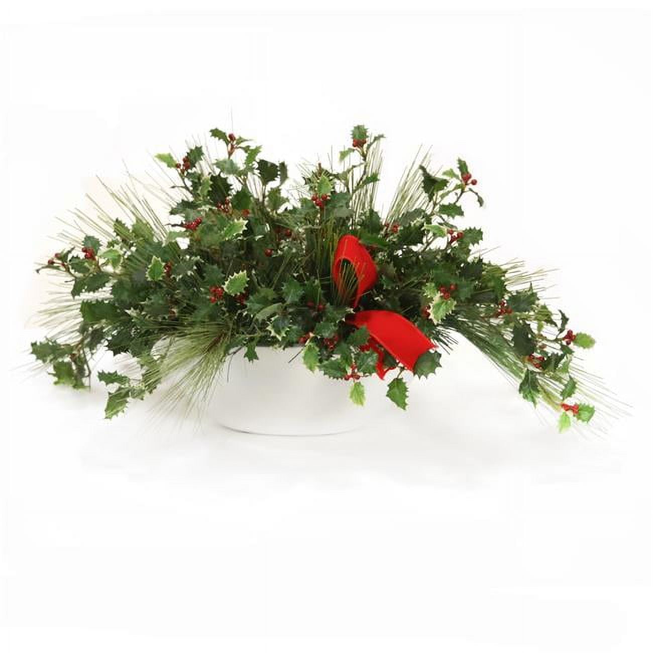 Unisex Pine Mix with Holly Berries in White Oval Planter - Green