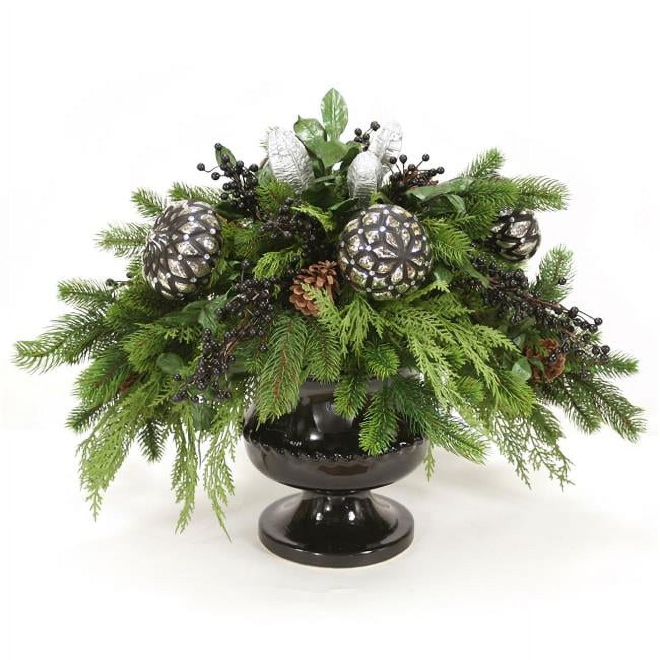 Disttive Designs X05XA7 Unisex Mixed Pine with Black & Silver Ornaments & Black Berries in Black Urn - Green