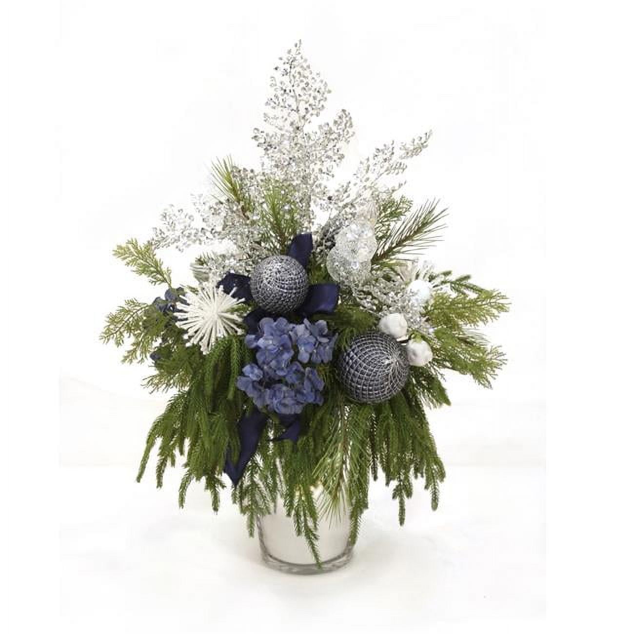 Disttive Designs X07XA2 Unisex Blue Hydrangeas with Drooping Pine & Glitter Accents in Silver Vase