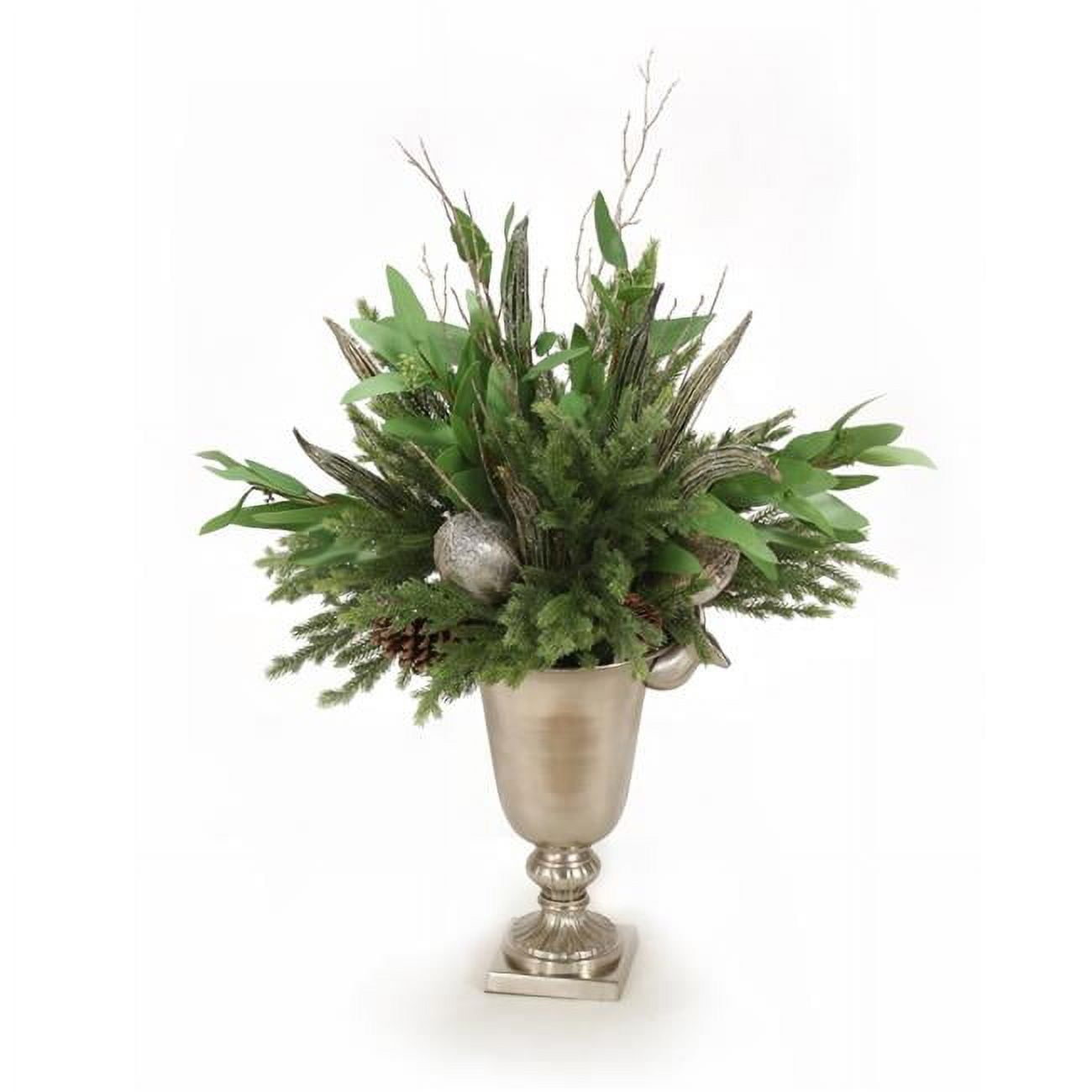 Unisex Snow Glistened Pine with Eucalyptus in Silver Urn with Deer Handle