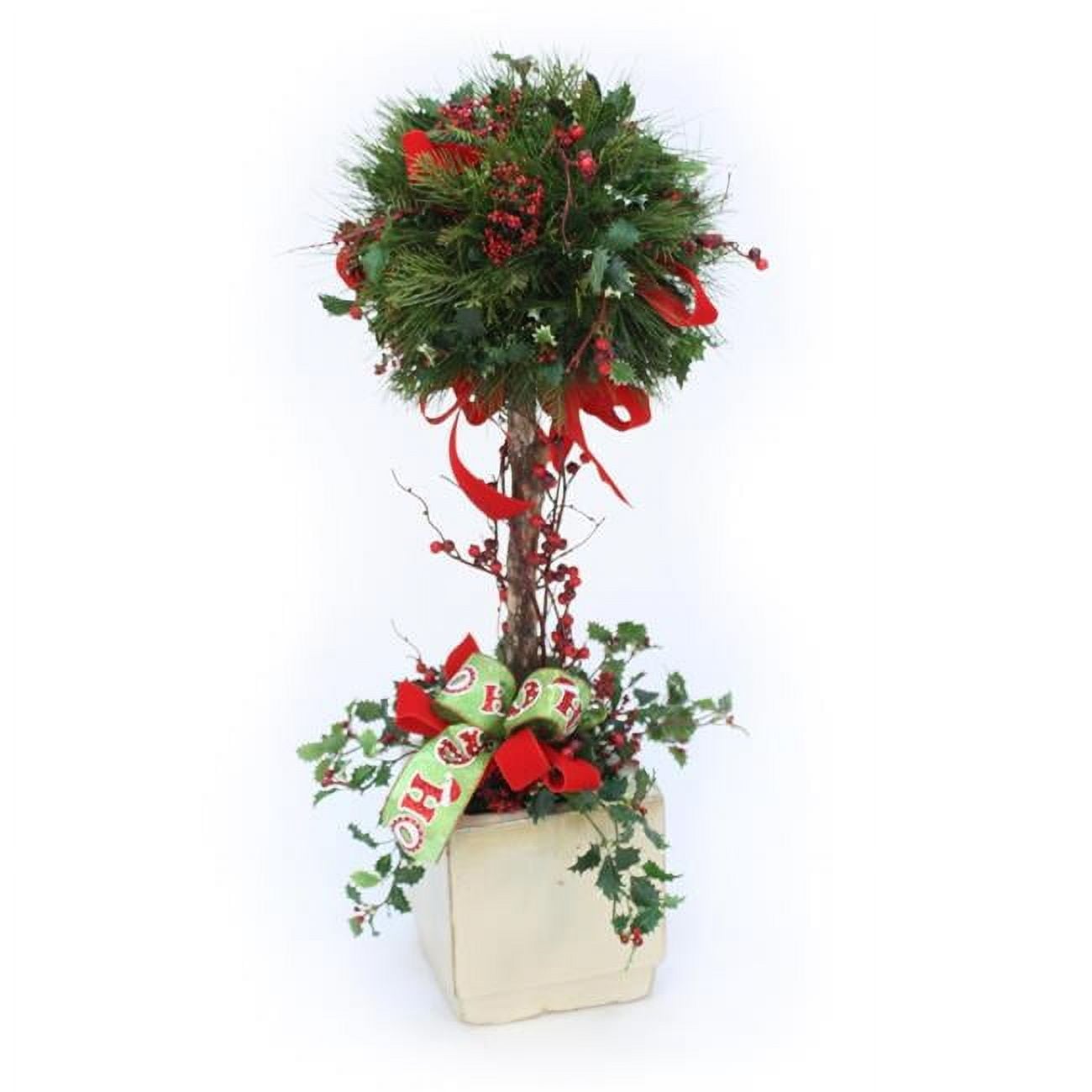 Unisex Holiday Topiary with Holly & Ribbon - Green