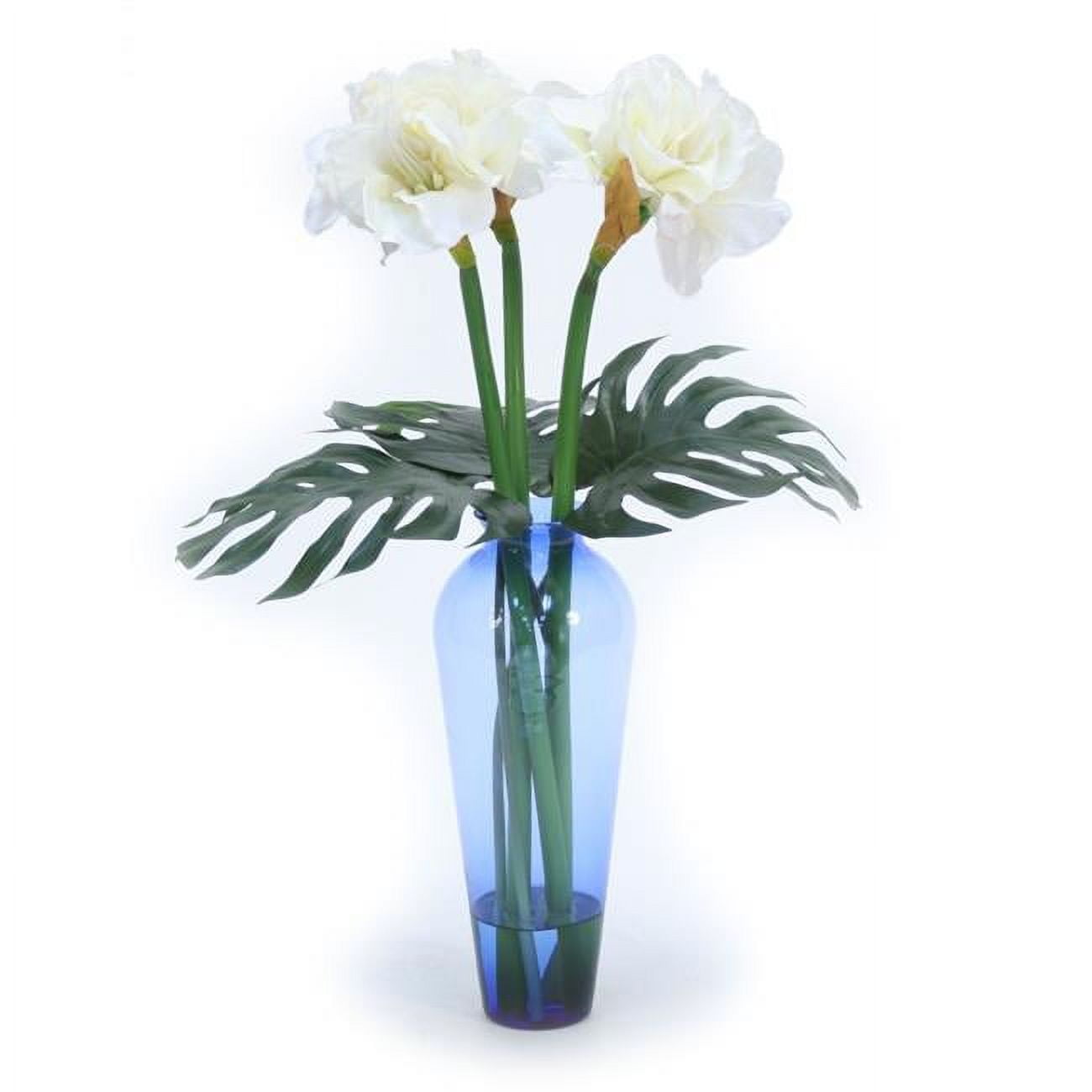 Unisex White Amaryllis with Philo Leaf in Blue Vase - White