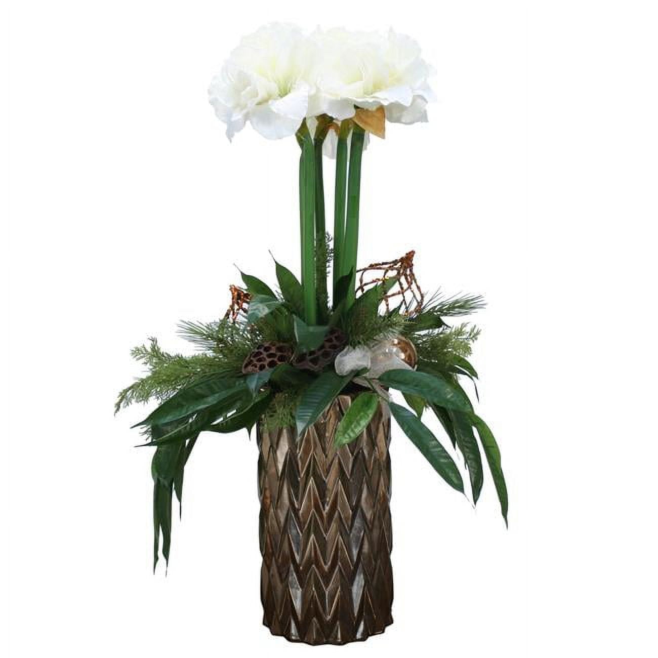Unisex White Amaryllis in Bronze Planter with Pine - White