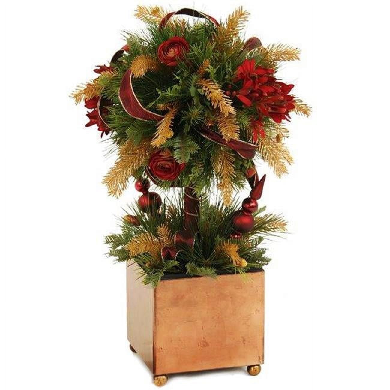 Unisex Holiday Pine Topiary Mixed with Ornaments & Ribbon in Gold Box Container - Green