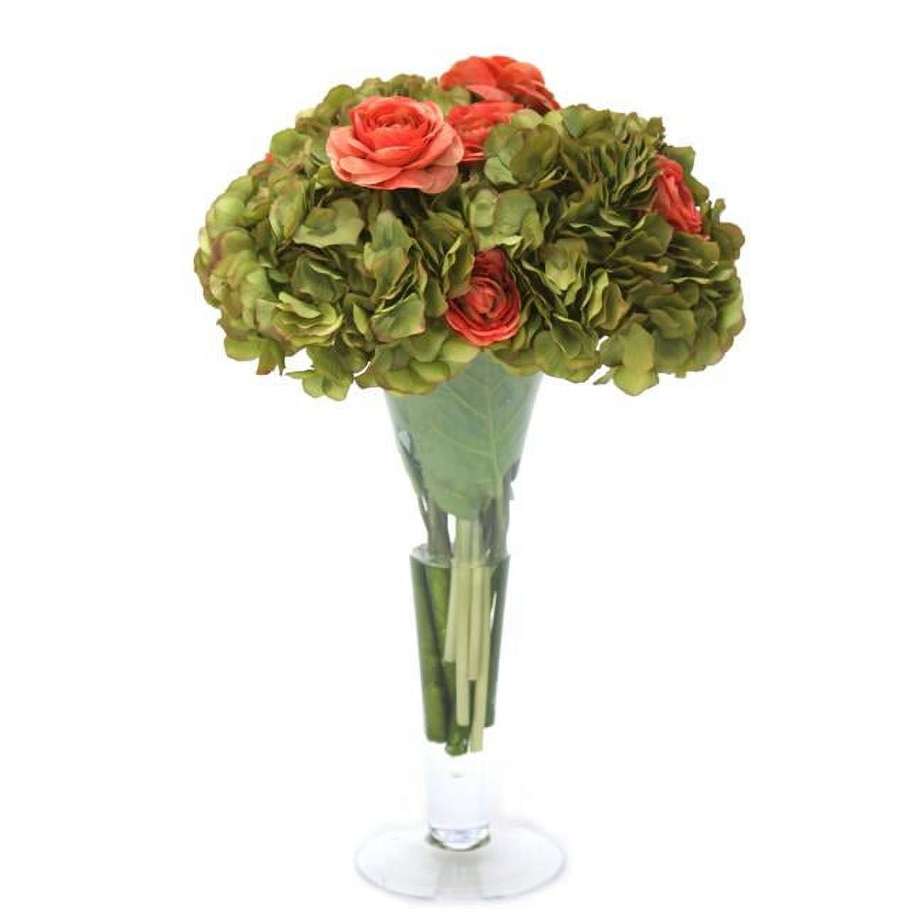 Unisex Green Hydrangeas & Coral Ranunculus in Trumpet Vase