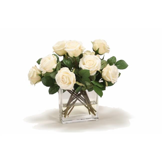 Unisex Ivory Rose Buds in Rectangular Glass Vase - White