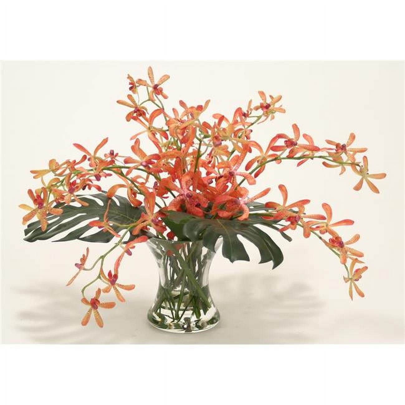 Disttive Designs 16348A Unisex Waterlook-R Vanda Orchid & Split Philo Leaf in Hourglass Vase - Green
