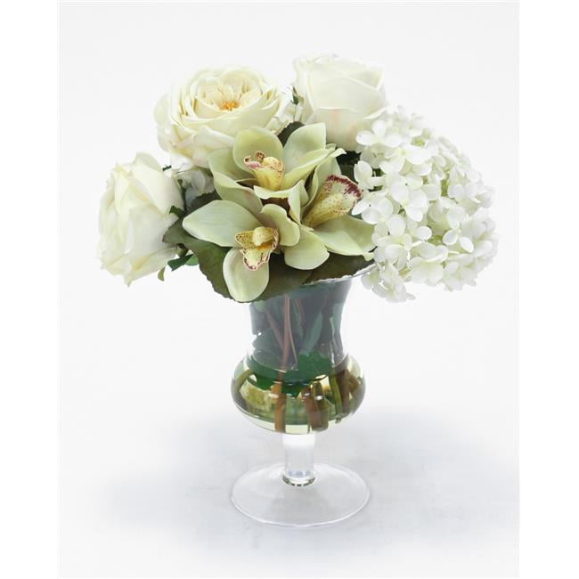 Picture of Disttive Designs 17120 Unisex Waterlook-R White & Rose Hydrangeas with Cymbidium Orchid in Clear Glass Urn - Green