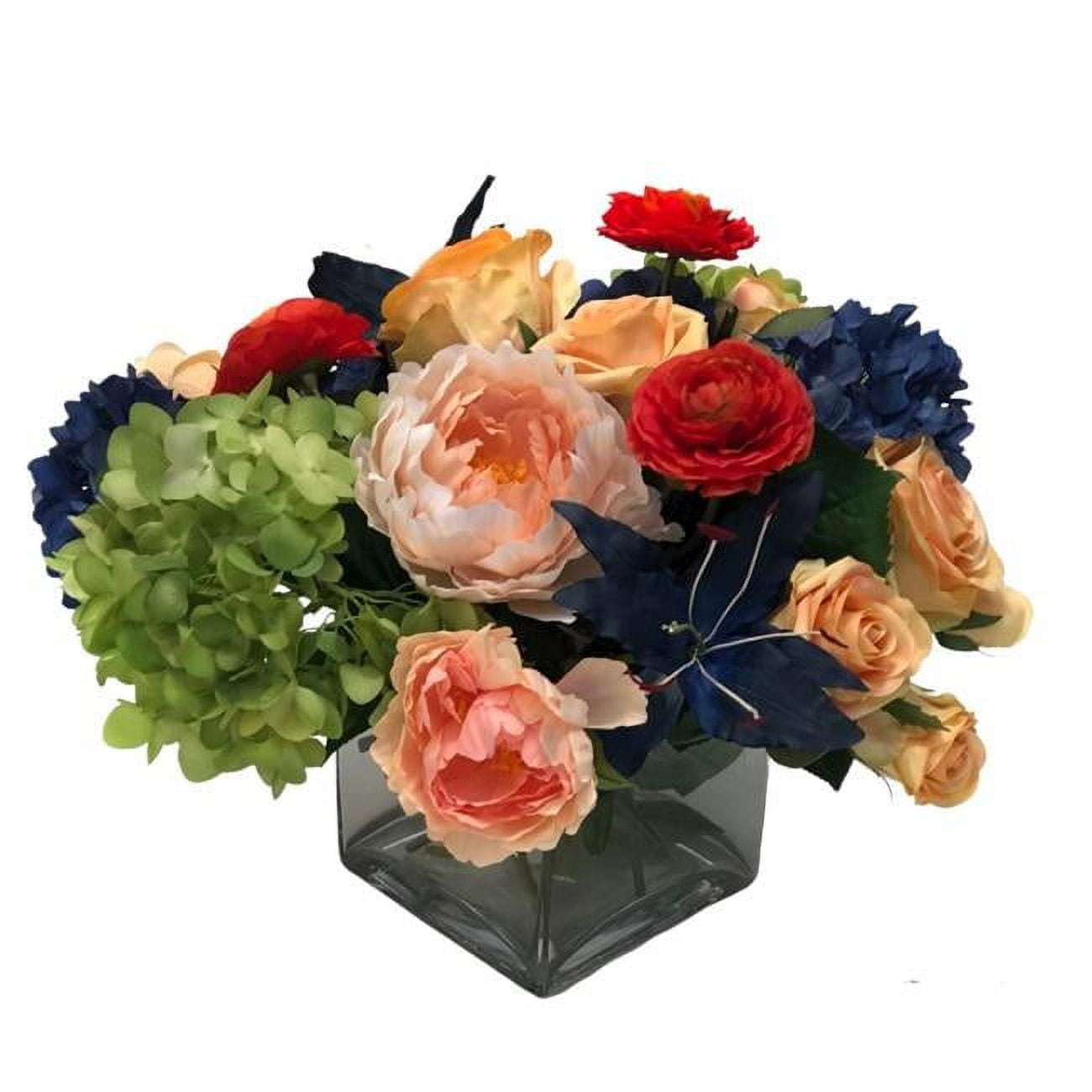 Unisex Blue Hydrangea, Lily Ranunculus & Peach Rose - Green