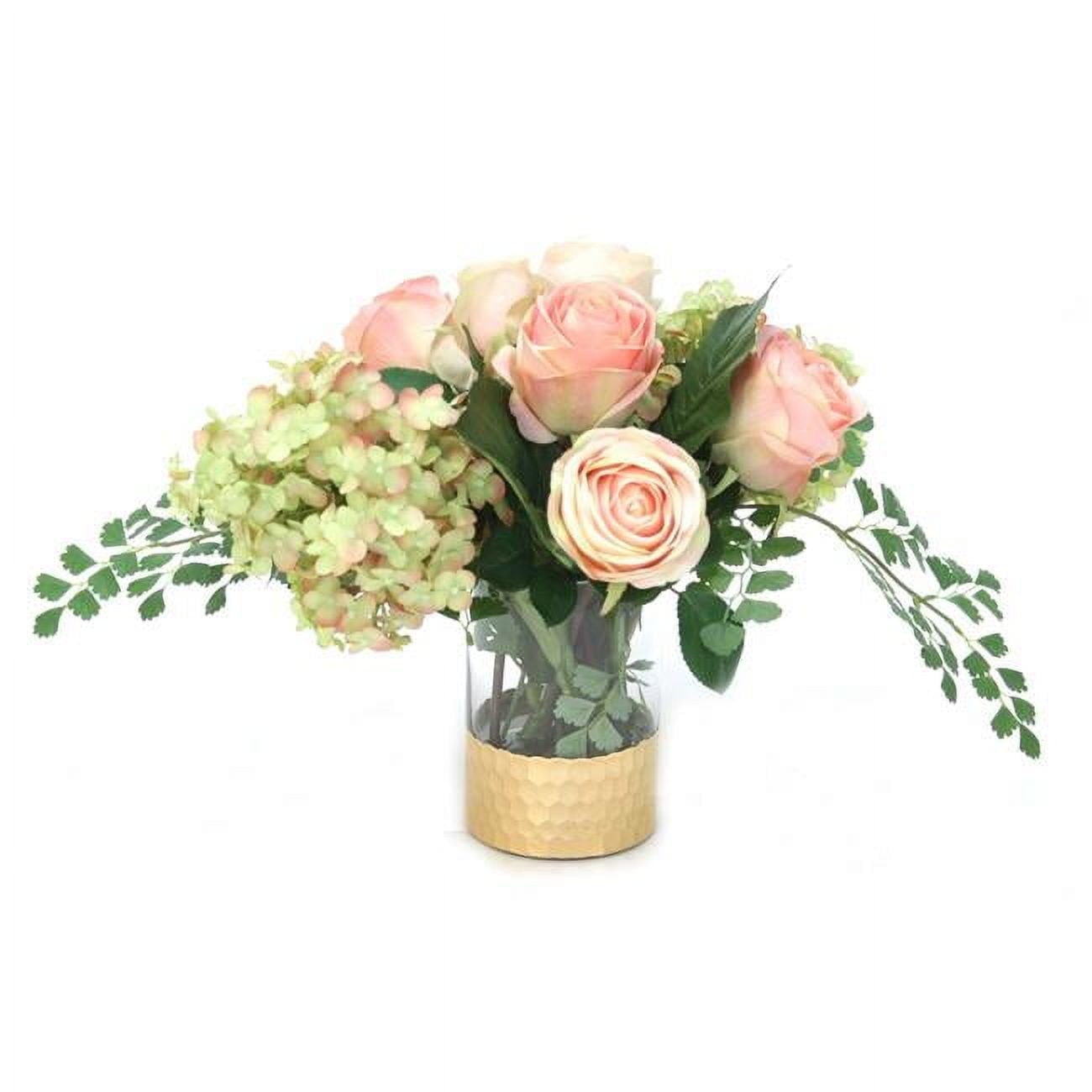 Disttive Designs 17157 Unisex Green Rose Hydrangeas & Pink Champagne Rose with Maiden Hair Fern in Glass Cylinder Vase with Gold Rimmed Base - Green