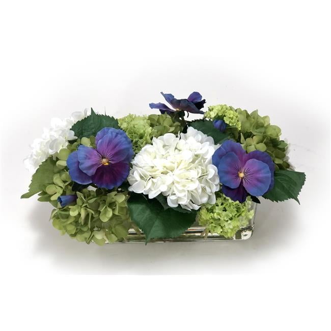 Unisex Hydrangea Mix with Blue Pansies in Rectangle Vase - Green
