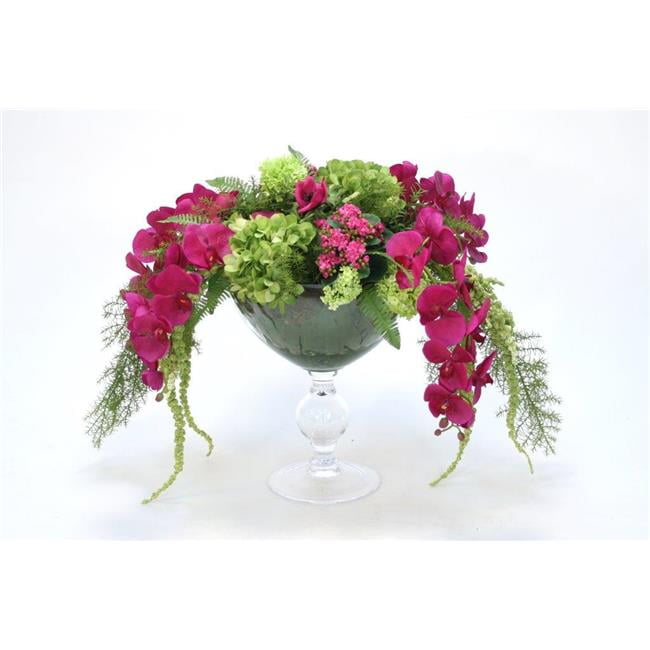 Disttive Designs 17169 Unisex Hydrangea with Orchid & Hanging Amaranthus in Glass Bowl with Pedestal - Green