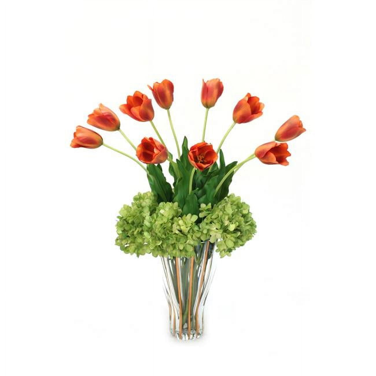 Disttive Designs 17183A Unisex Dark Orange & Red Tulips & Green Hydrangeas in Fluted Gold Rim Trimmed Glass Vase - Green