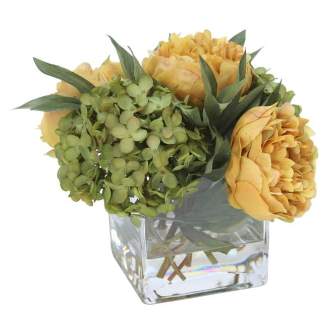 Unisex Green Hydrangea with Gold Peonies in Square Glass