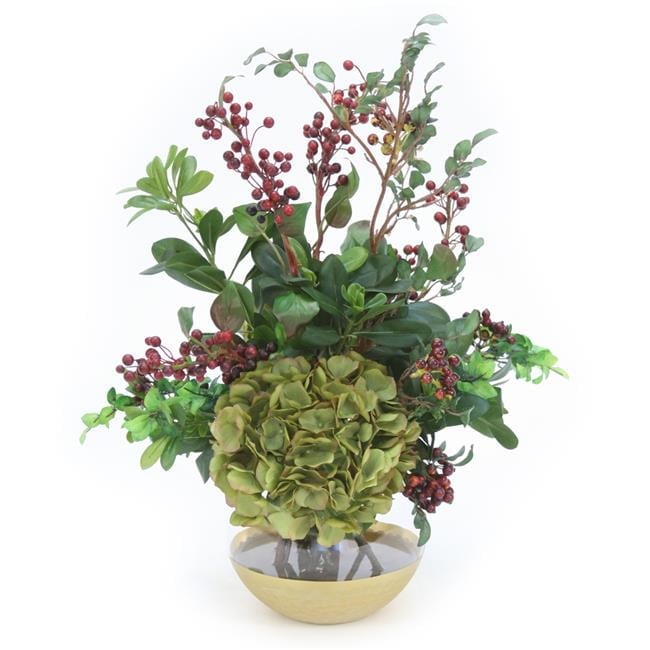 Unisex Green Hydrangea with Berries in Gold Rimmed Rose Bowl - Green
