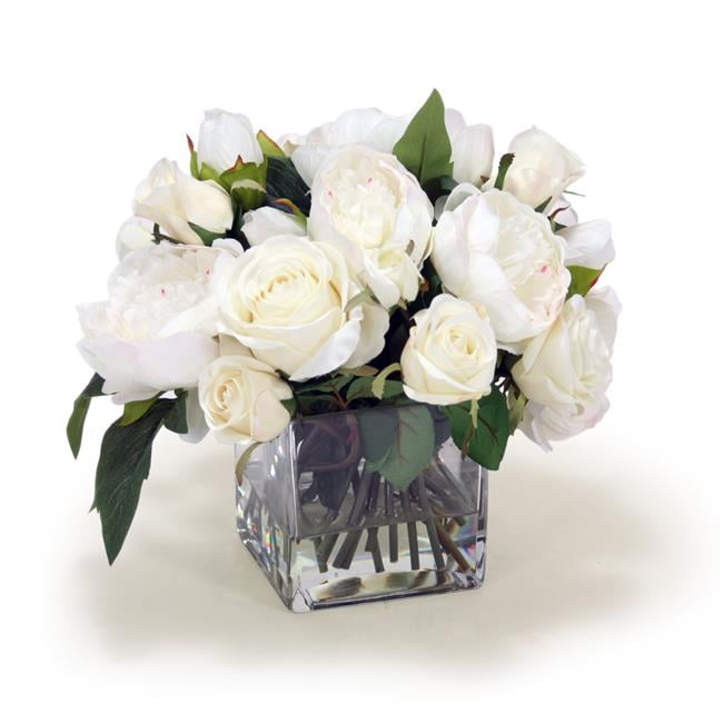 Unisex Cream White & Rose & Peonies in Glass Square