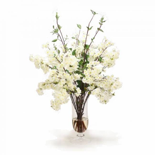 Unisex Cream White Cherry Blossoms in Flared Urn