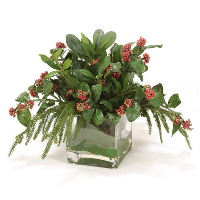 Disttive Designs 17262 Unisex Wisley Pearl Berries with Drooping Pine in Square Glass - Green