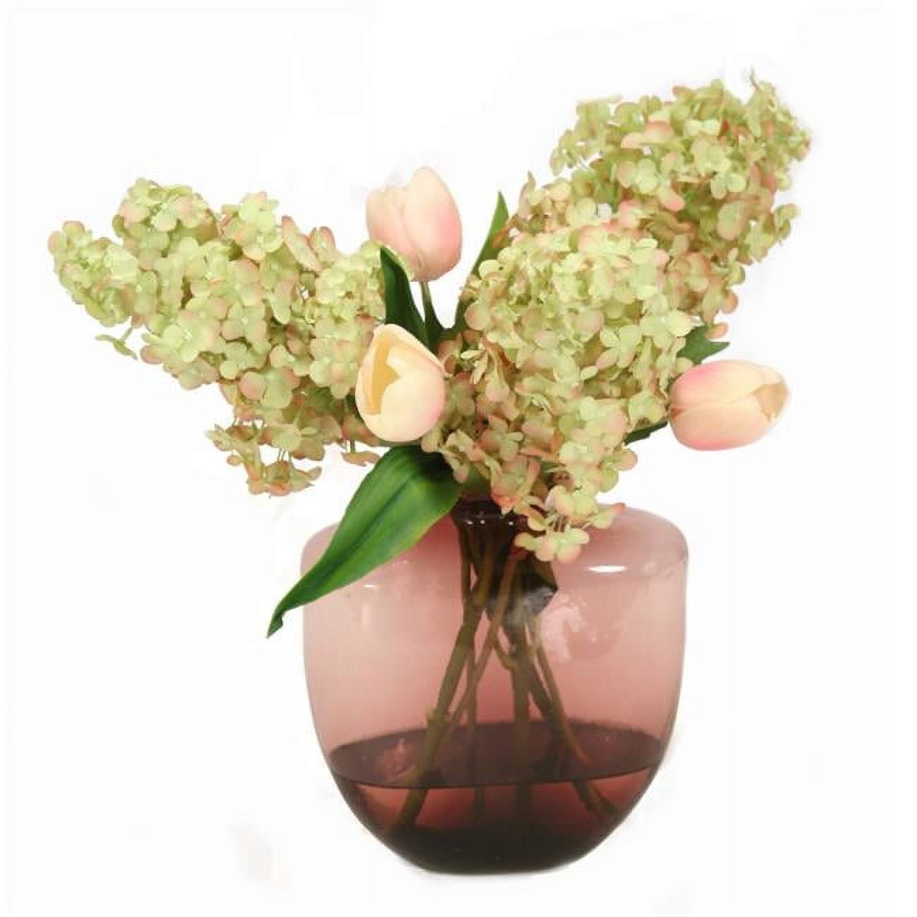 Unisex Hydrangeas & Pink Tulips in Oregon Violet Vase - Green
