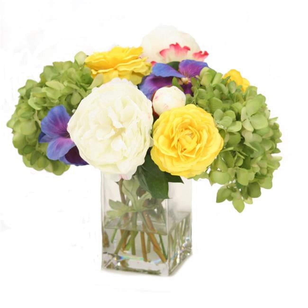 Disttive Designs 17291 Unisex Mixed Spring Flowers with Hydrangeas, Pansies & Peonies in Glass Vase - Yellow