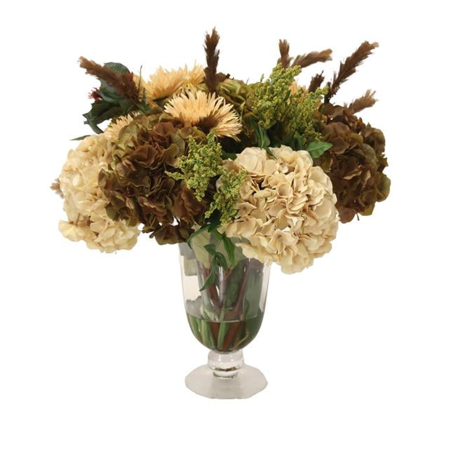 Disttive Designs 17321 Unisex Mixed Hydrangeas Beige Gerber Daisies & Green Astible & Brown Plumes in Glass Urn