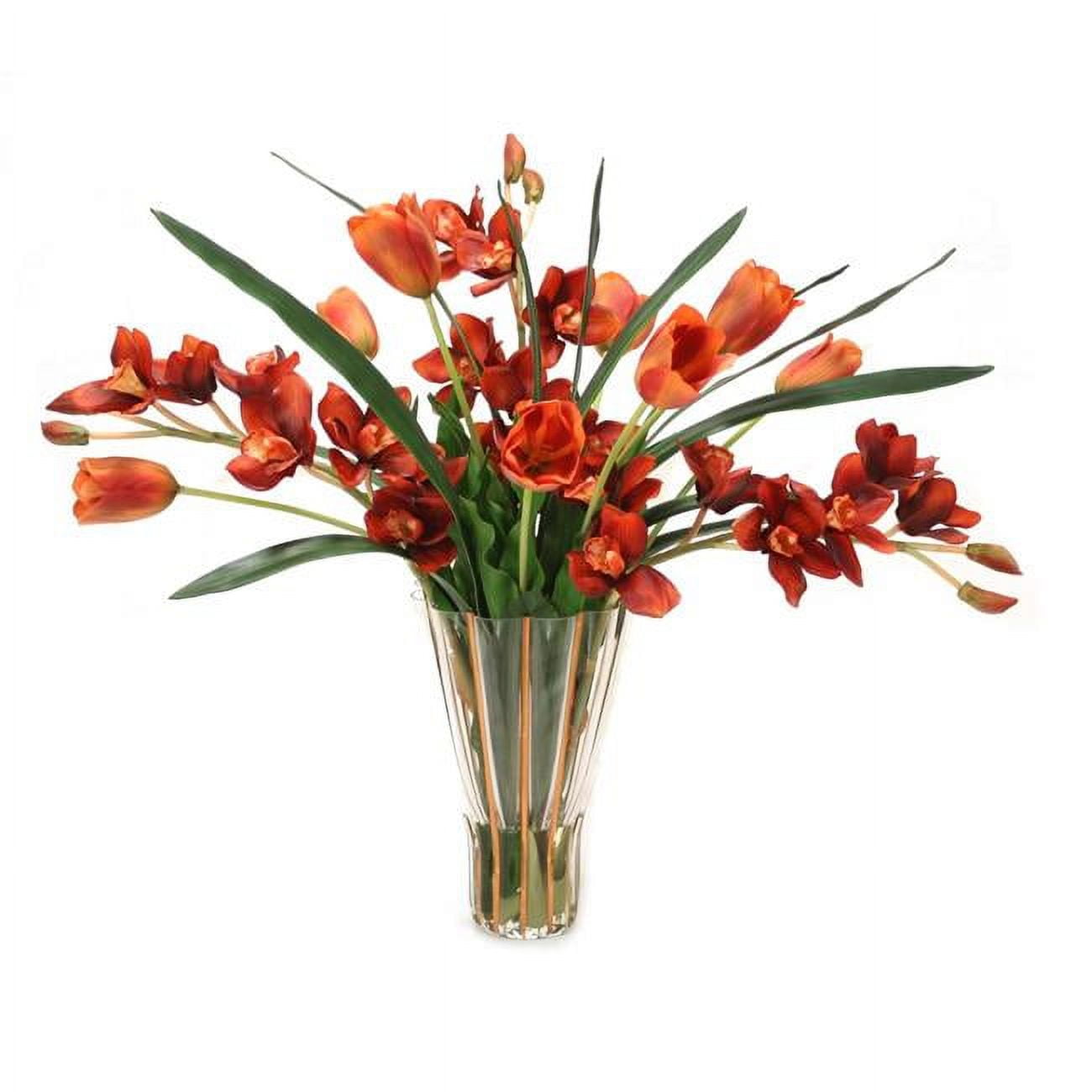Unisex Rust Tulips & Orchid in Tall Vase - Red