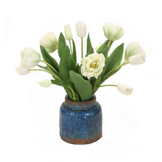 Unisex White Parrot Tulips in Rustic Blue Pot - White