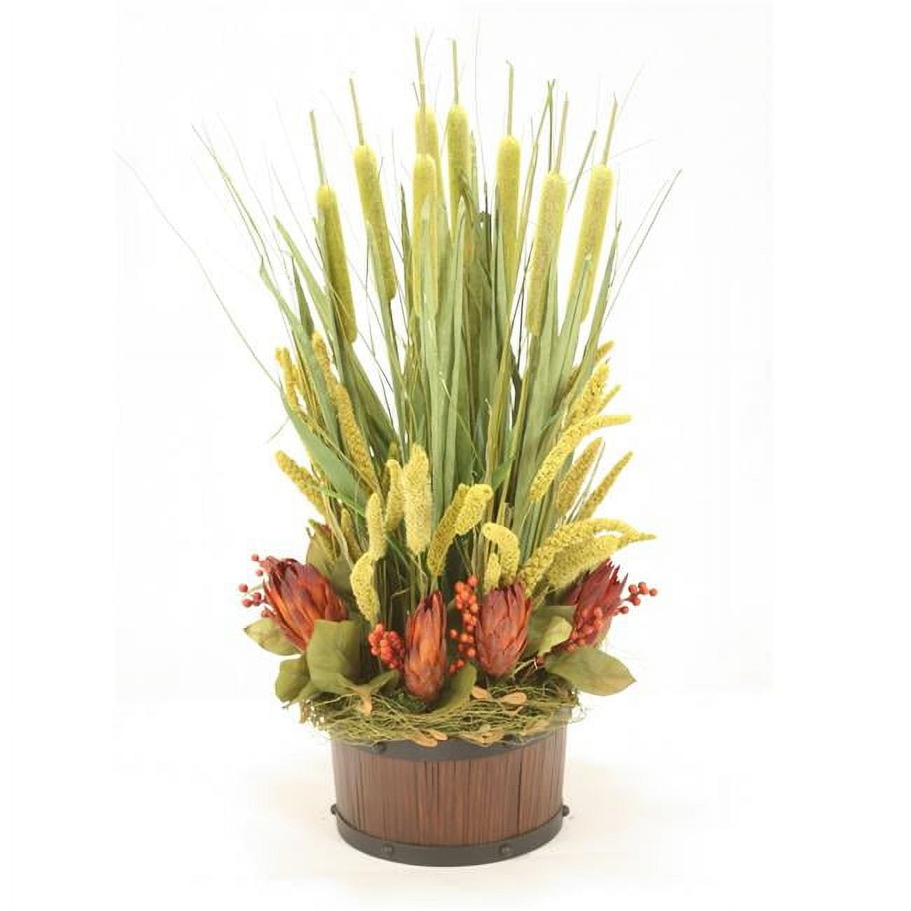 Unisex Cattails & Repens with Millet & Grass in Round Planter - Green