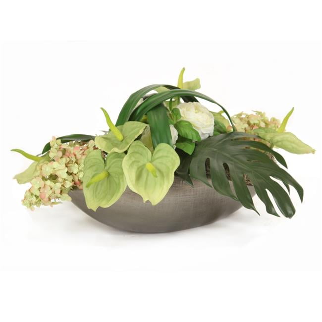 Unisex Green Anthuriums, Ranunculus & Hydrangeas in Cosmic Curved Bowl - White