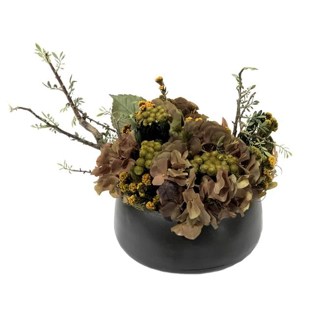 Disttive Designs 3101 Unisex Hydrangea with Phylica, Brunia & Bird Nest in Green Metal Sosa Bowl - Brown