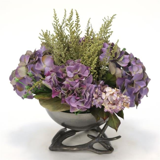 Unisex Lavender Hydrangeas in Black Nickel Bowl with Horns - Purple