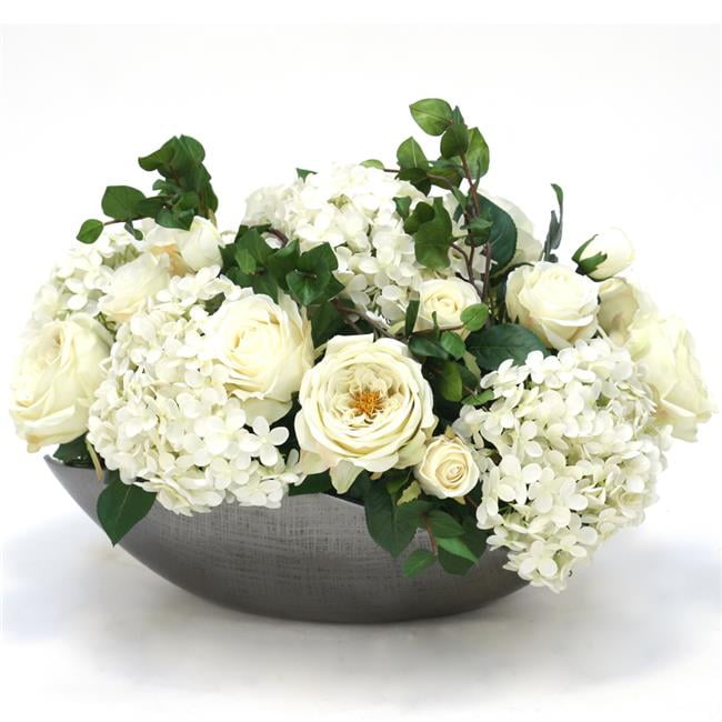 Unisex White Hydrangeas with Rose in Cosmic Bowl - Brown