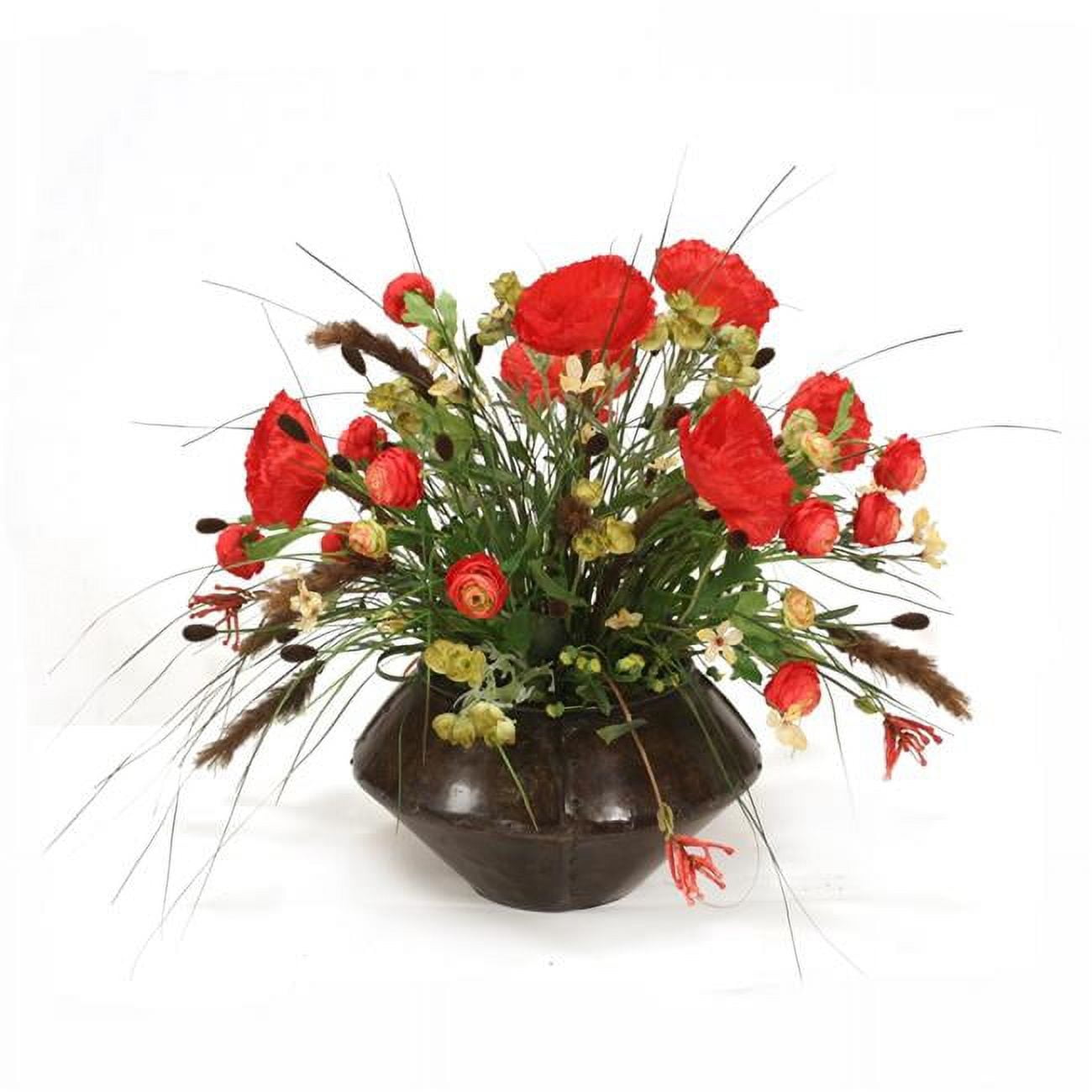 Disttive Designs 6123 Unisex Poppies with Ranunculus & Mixed Grasses in Round Metal Planter - Red