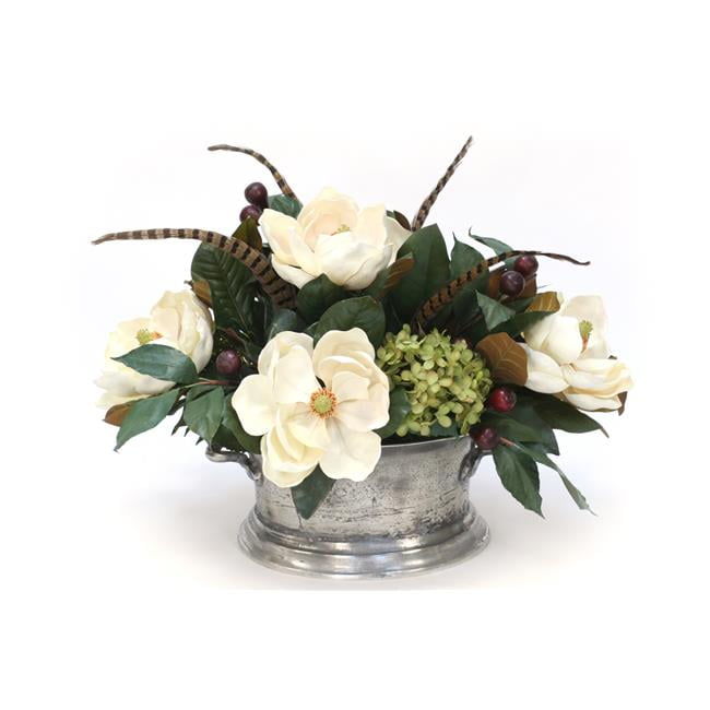 Unisex Magnolia with Hydrangeas in Silver Urn - Green