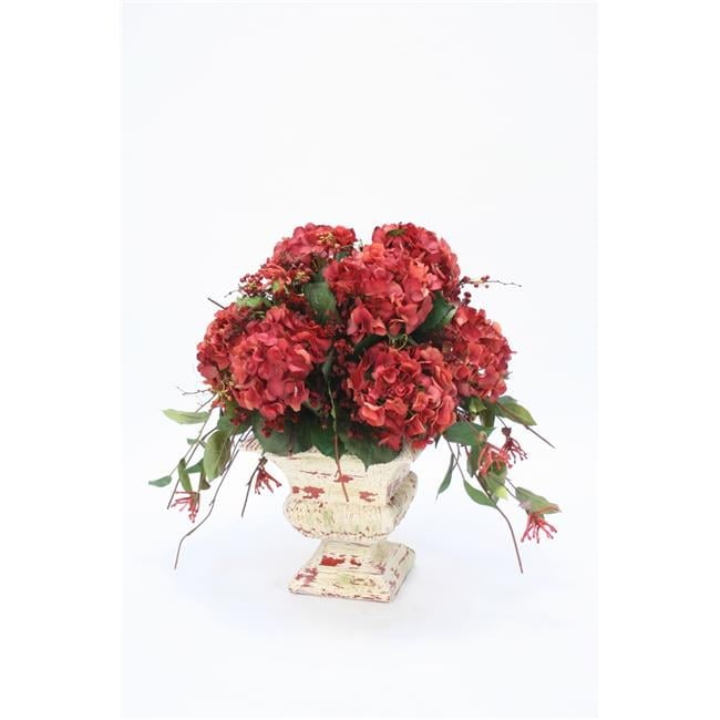 Disttive Designs 7262B Unisex Red Hydrangeas, Curly Vines, Honeysuckle with Preserved in Red & Cream Crackled Urn - Green