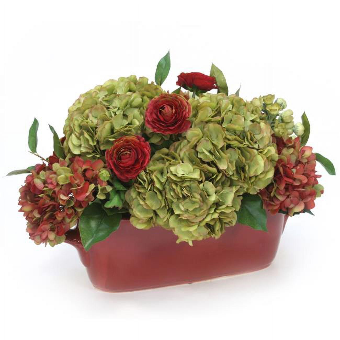 Unisex Green Hydrangea with Ranunculus in Scalloped Planter