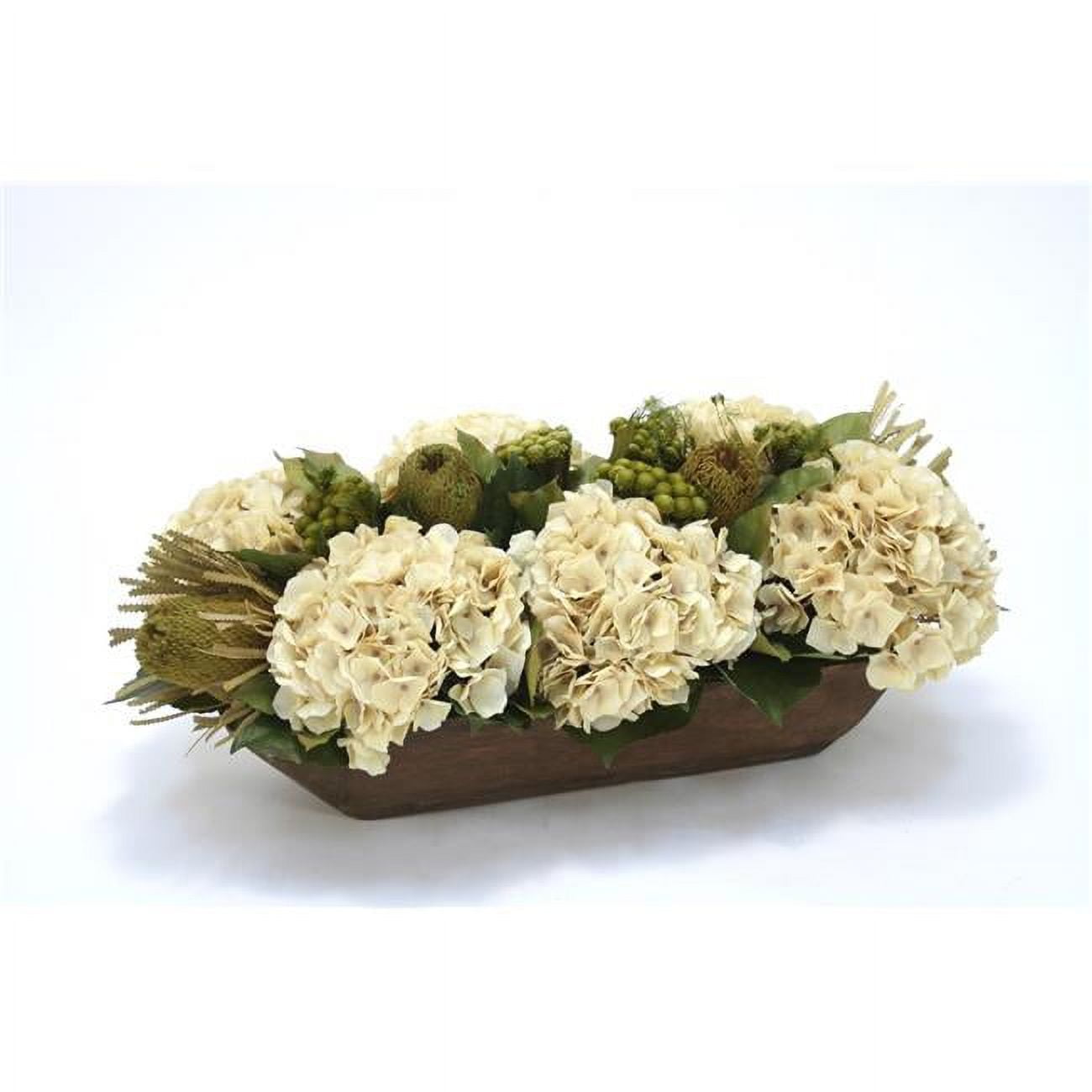Disttive Designs 7688B Unisex Beige Hydrangeas, Natural Preserved Basil Protea & Brunia in Wooden Tray - Green