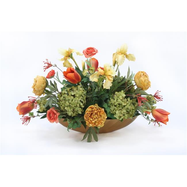 Disttive Designs 9010A Unisex Hydrangeas with Peonies & Iris in Gold Oval Ritz Bowl - Green