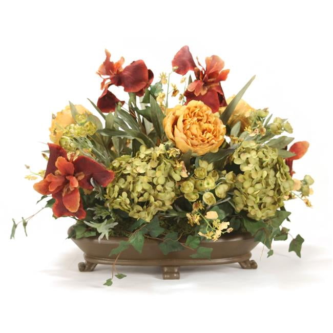Unisex Iris, Hydrangea & Peonies in Oval Bowl with Feet - Green