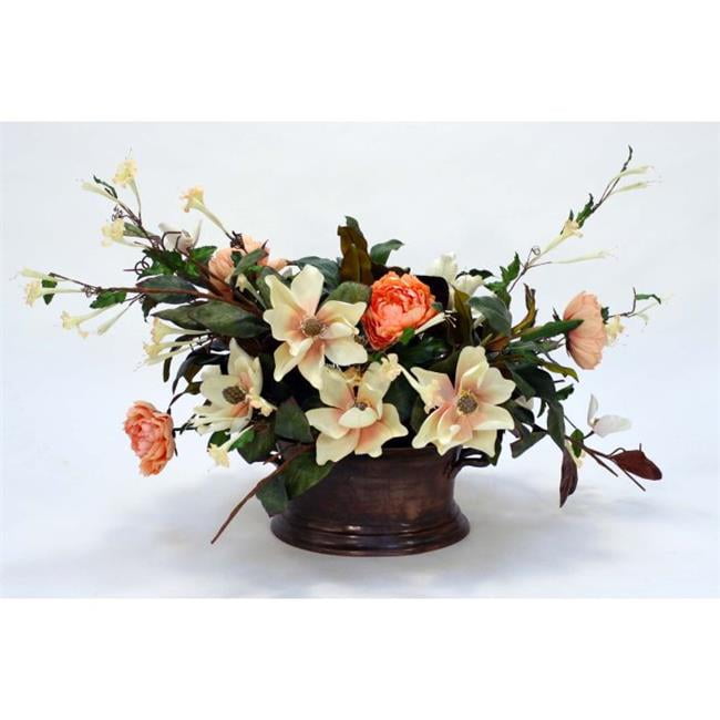 Unisex Magnolia with Peach Peonies in Metal Container - Green