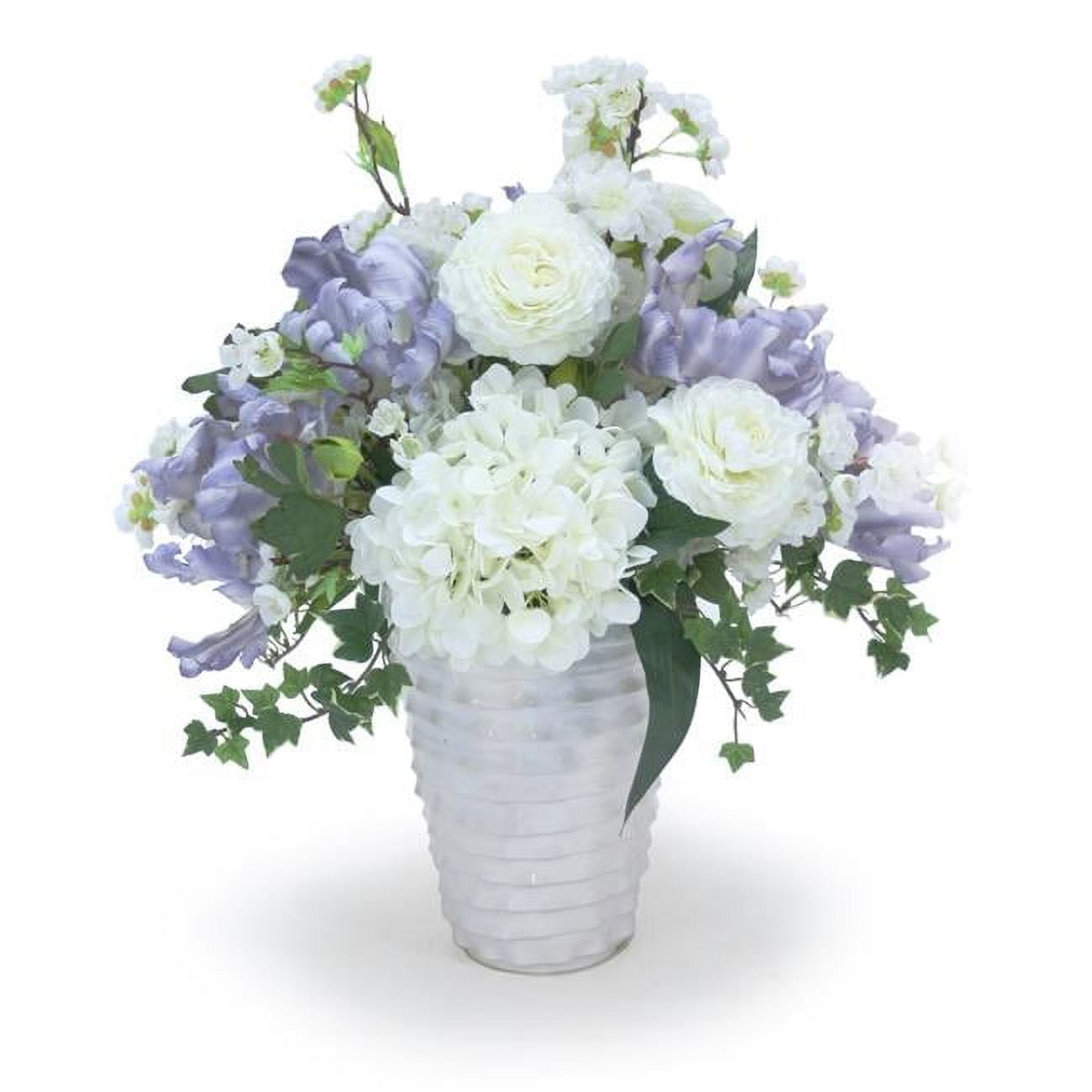 Disttive Designs 9956A Unisex Ranunculas with Hydrangeas & Cherry Blossoms & Parrot Tulips in Layered Vase - Blue