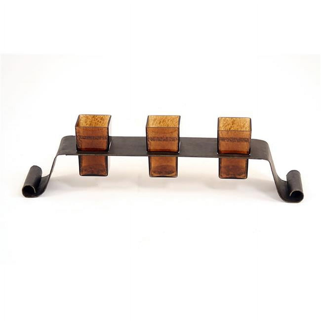 Disttive Designs CS-13019 Unisex Long Wrought Iron Candle Holder with 3 Amber Glass Vases - Brown