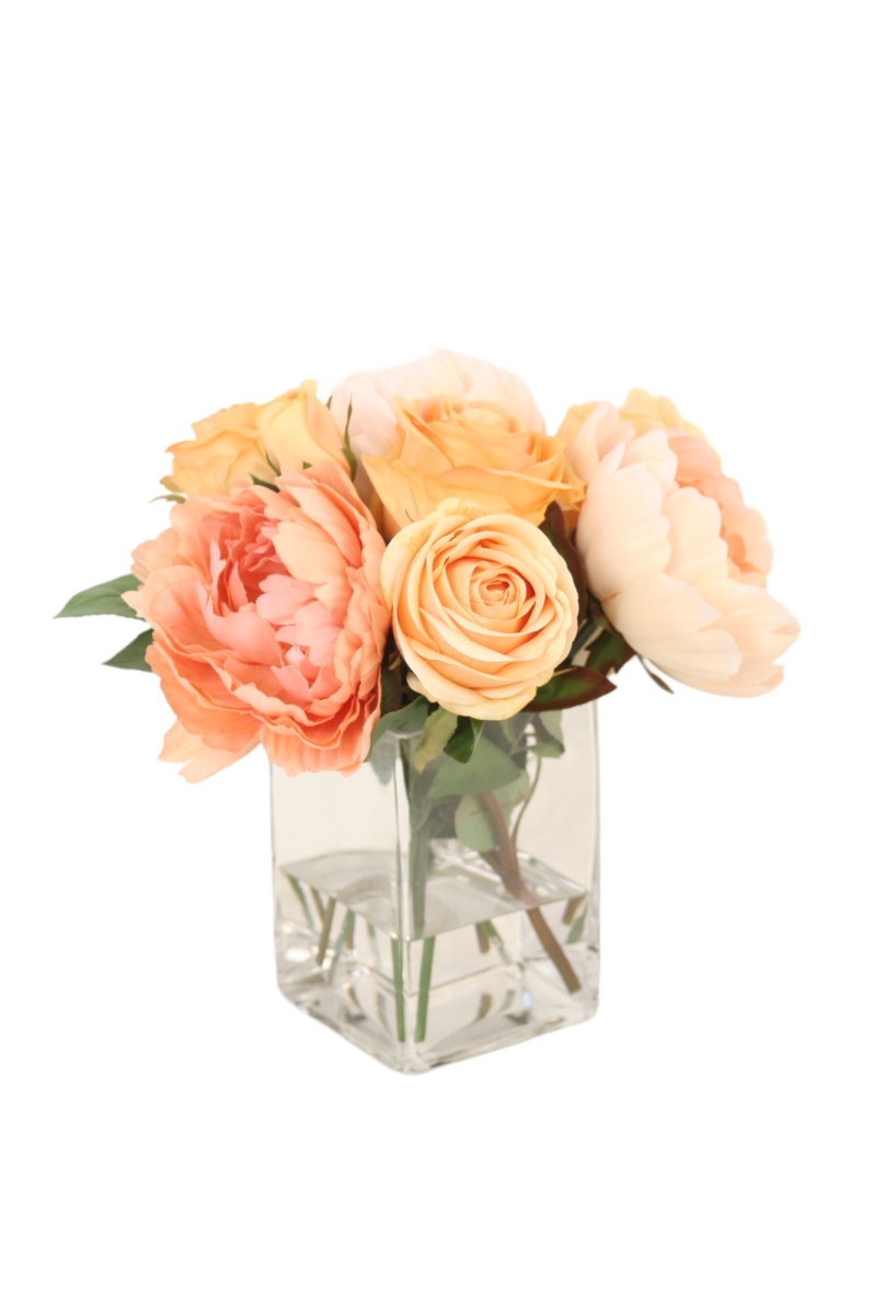 Distinctive Designs 16157A Luxury Artificial Decor Peach Roses & Peonies in Square Glass Vase