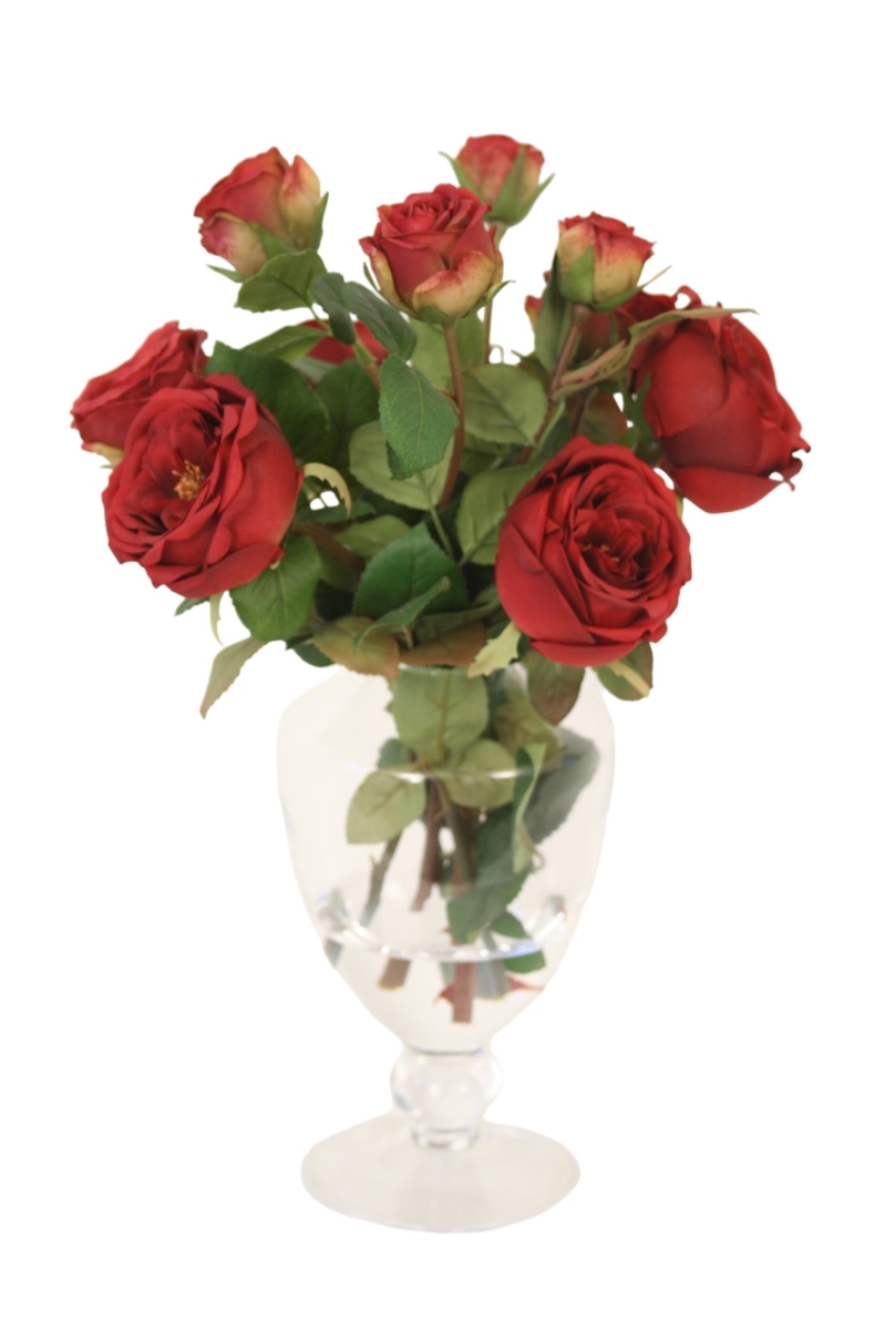 Distinctive Designs 17347 Luxury Artificial Decor Red Roses in Glass Urn with Ball Stem