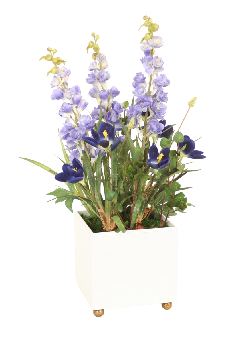 Distinctive Designs 30049 Luxury Artificial Decor Blue Delphinium with Blue Crocus Plant & Bougainvillea White Planter