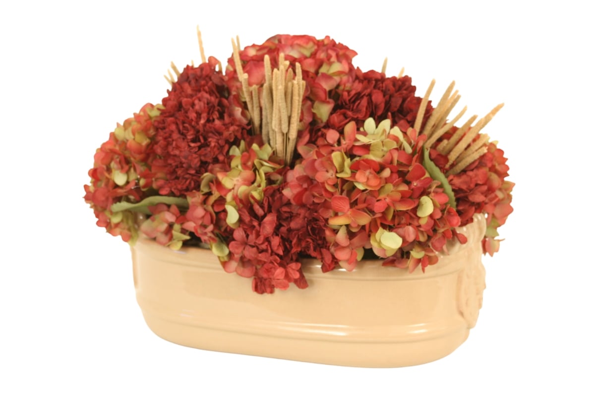 Distinctive Designs 30050 Luxury Artificial Decor Burgundy Green Hydrangeas Mixed with Dried Millet & Foliage Beige Planter